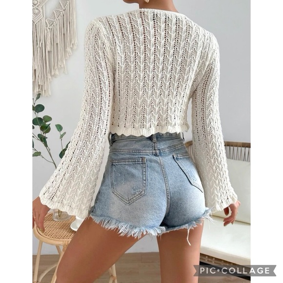 Cottagecore Cream Cropped Open Knit Bell Sleeve Front Tie Cardigan - Picture 2 of 7